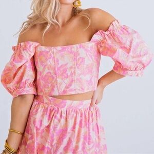 Karlie Poplin Puff Sleeve Floral Crop Top Corset Tie Open Back Medium Pink